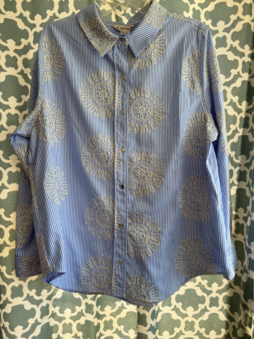Nanette Lepore Blue Striped Button-Down Shirt with Embroidery NEW WITH TAGS